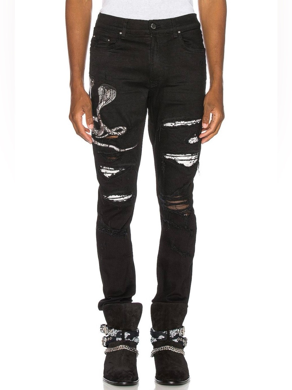 AMIRI Black Snake Patch Jeans Leather Details & Distressing MRP $1100+ - Size 34
